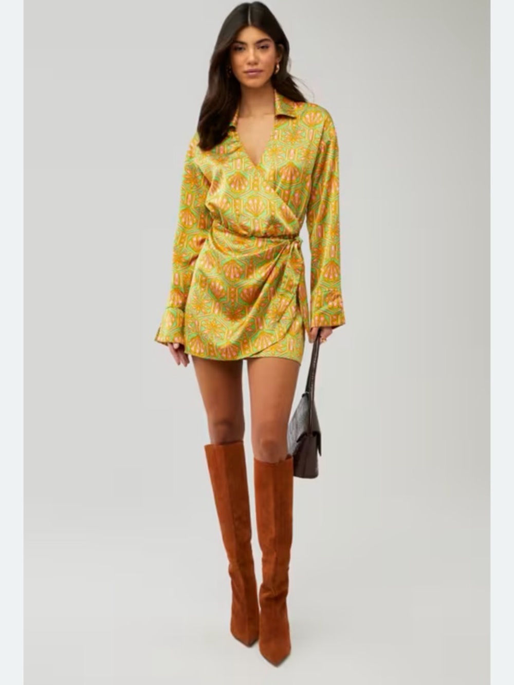 🌴 Show Me Your Mumu Clara Collared Wrap Dress – Palm Deco Print – Size M 🌴